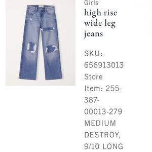 Ambercrombie Kids Girls High Rise Wide Leg Jeans